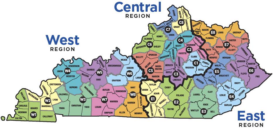 Map of Kentucky Cooperative Extension offices by area
